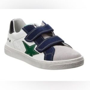 Naturino White and Navy Pinn Leather Sneakers with Green Accent